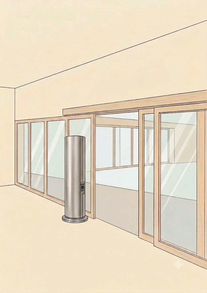 Porte d’air sur pied à l’entrée — intégrée discrètement dans une architecture gastronomique moderne